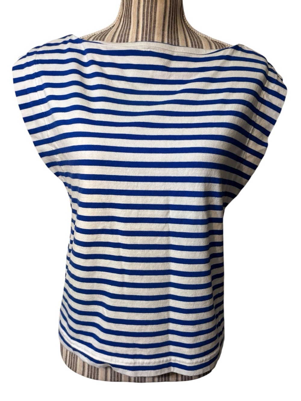 LOFT Top Medium Modern Striped Wedge Tee Blue White Boatneck Short Sleeve